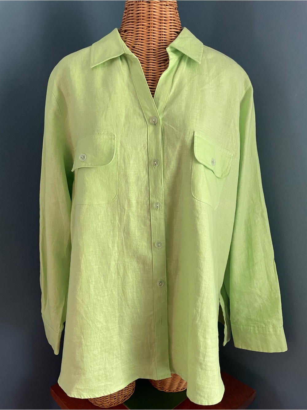 Studio Works 100% Linen Button Front Blouse 1X Convertible Sleeves Green